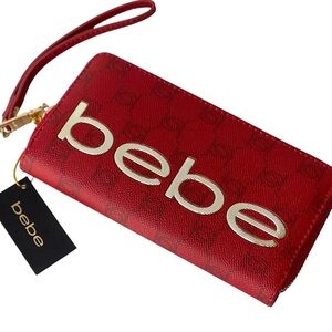 NWT ($49) Bebe Red Wallet Purse Briella Wristlet Gold Logo